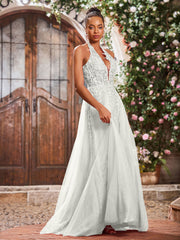Deep V-neck Appliqued Corset Tulle Lace Maxi Prom Dresses Ivory