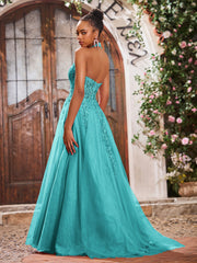 Deep V-neck Appliqued Corset Tulle Lace Maxi Prom Dresses Jade