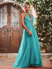 Deep V-neck Appliqued Corset Tulle Lace Maxi Prom Dresses Jade