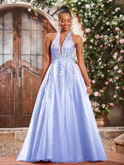 Deep V-neck Appliqued Corset Tulle Lace Maxi Prom Dresses Lavender