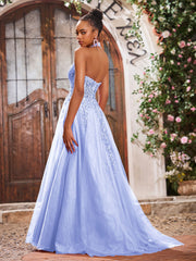 Deep V-neck Appliqued Corset Tulle Lace Maxi Prom Dresses Lavender
