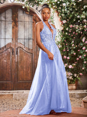 Deep V-neck Appliqued Corset Tulle Lace Maxi Prom Dresses Lavender