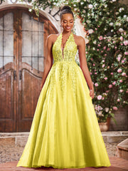 Deep V-neck Appliqued Corset Tulle Lace Maxi Prom Dresses Lemon