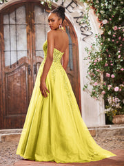Deep V-neck Appliqued Corset Tulle Lace Maxi Prom Dresses Lemon