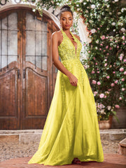 Deep V-neck Appliqued Corset Tulle Lace Maxi Prom Dresses Lemon