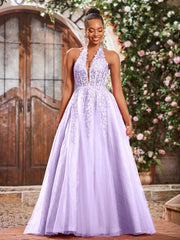 Deep V-neck Appliqued Corset Tulle Lace Maxi Prom Dresses Lilac