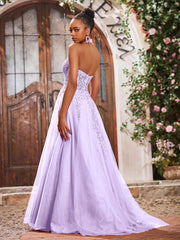 Deep V-neck Appliqued Corset Tulle Lace Maxi Prom Dresses Lilac