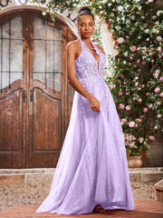 Deep V-neck Appliqued Corset Tulle Lace Maxi Prom Dresses Lilac