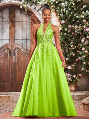 Deep V-neck Appliqued Corset Tulle Lace Maxi Prom Dresses Lime Green
