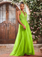 Deep V-neck Appliqued Corset Tulle Lace Maxi Prom Dresses Lime Green