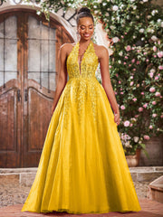 Deep V-neck Appliqued Corset Tulle Lace Maxi Prom Dresses Marigold