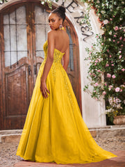 Deep V-neck Appliqued Corset Tulle Lace Maxi Prom Dresses Marigold