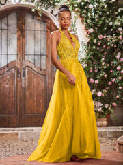 Deep V-neck Appliqued Corset Tulle Lace Maxi Prom Dresses Marigold