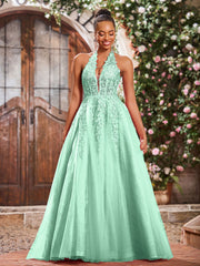 Deep V-neck Appliqued Corset Tulle Lace Maxi Prom Dresses Mint Green