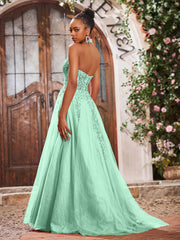 Deep V-neck Appliqued Corset Tulle Lace Maxi Prom Dresses Mint Green