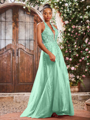 Deep V-neck Appliqued Corset Tulle Lace Maxi Prom Dresses Mint Green