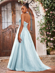 Deep V-neck Appliqued Corset Tulle Lace Maxi Prom Dresses Mist