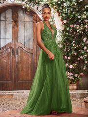 Deep V-neck Appliqued Corset Tulle Lace Maxi Prom Dresses Moss