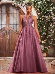 Deep V-neck Appliqued Corset Tulle Lace Maxi Prom Dresses Mulberry