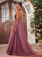 Deep V-neck Appliqued Corset Tulle Lace Maxi Prom Dresses Mulberry