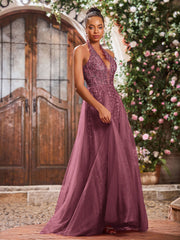Deep V-neck Appliqued Corset Tulle Lace Maxi Prom Dresses Mulberry