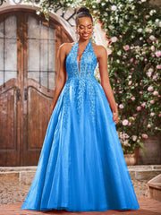 Deep V-neck Appliqued Corset Tulle Lace Maxi Prom Dresses Ocean Blue