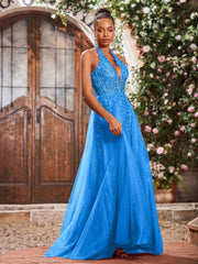 Deep V-neck Appliqued Corset Tulle Lace Maxi Prom Dresses Ocean Blue