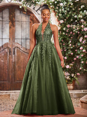 Deep V-neck Appliqued Corset Tulle Lace Maxi Prom Dresses Olive Green