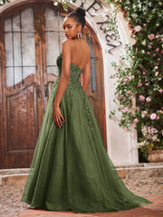 Deep V-neck Appliqued Corset Tulle Lace Maxi Prom Dresses Olive Green