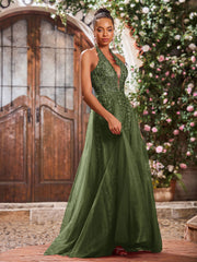 Deep V-neck Appliqued Corset Tulle Lace Maxi Prom Dresses Olive Green