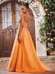 Deep V-neck Appliqued Corset Tulle Lace Maxi Prom Dresses Orange