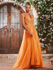 Deep V-neck Appliqued Corset Tulle Lace Maxi Prom Dresses Orange