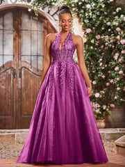 Deep V-neck Appliqued Corset Tulle Lace Maxi Prom Dresses Orchid