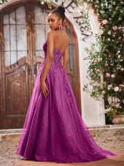 Deep V-neck Appliqued Corset Tulle Lace Maxi Prom Dresses Orchid
