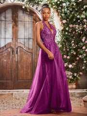 Deep V-neck Appliqued Corset Tulle Lace Maxi Prom Dresses Orchid