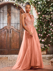 Deep V-neck Appliqued Corset Tulle Lace Maxi Prom Dresses Papaya