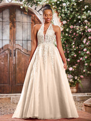 Deep V-neck Appliqued Corset Tulle Lace Maxi Prom Dresses Peach