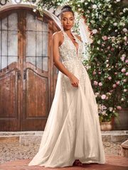 Deep V-neck Appliqued Corset Tulle Lace Maxi Prom Dresses Peach