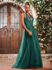 Deep V-neck Appliqued Corset Tulle Lace Maxi Prom Dresses Peacock