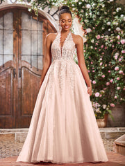 Deep V-neck Appliqued Corset Tulle Lace Maxi Prom Dresses Pearl Pink