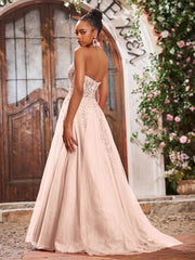 Deep V-neck Appliqued Corset Tulle Lace Maxi Prom Dresses Pearl Pink