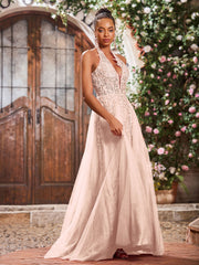 Deep V-neck Appliqued Corset Tulle Lace Maxi Prom Dresses Pearl Pink