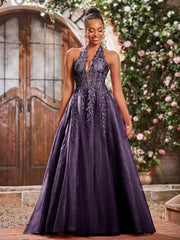 Deep V-neck Appliqued Corset Tulle Lace Maxi Prom Dresses Plum