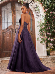Deep V-neck Appliqued Corset Tulle Lace Maxi Prom Dresses Plum