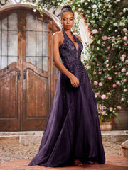 Deep V-neck Appliqued Corset Tulle Lace Maxi Prom Dresses Plum