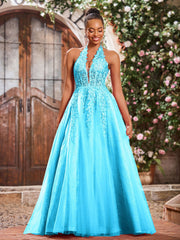 Deep V-neck Appliqued Corset Tulle Lace Maxi Prom Dresses Pool