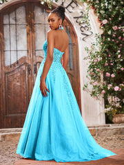 Deep V-neck Appliqued Corset Tulle Lace Maxi Prom Dresses Pool