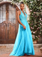 Deep V-neck Appliqued Corset Tulle Lace Maxi Prom Dresses Pool