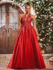 Deep V-neck Appliqued Corset Tulle Lace Maxi Prom Dresses Red