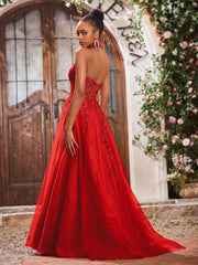 Deep V-neck Appliqued Corset Tulle Lace Maxi Prom Dresses Red